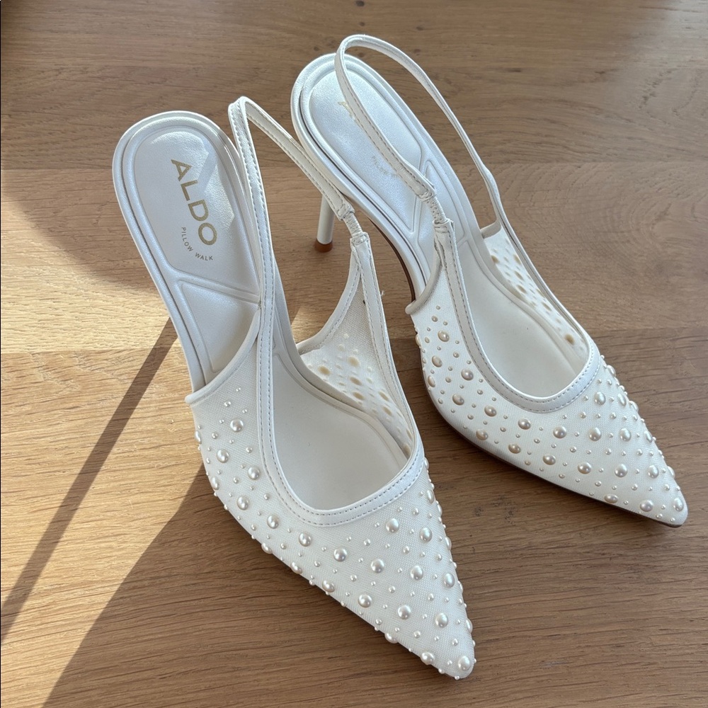 Aldo Ivory Slingback Heels with Studded Pearls